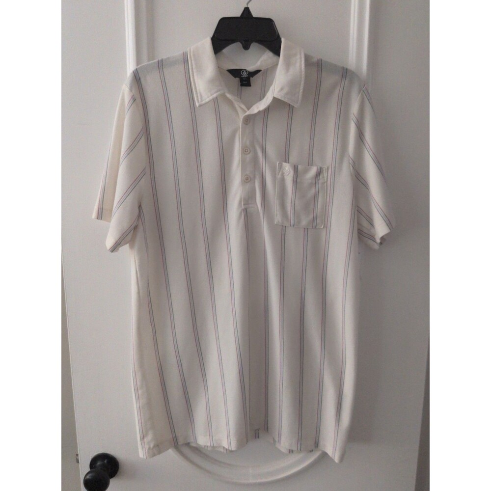 Volcom Polo Shirt Mens Large Short Sleeve Cream Colored stripes Skate Casual Lg
